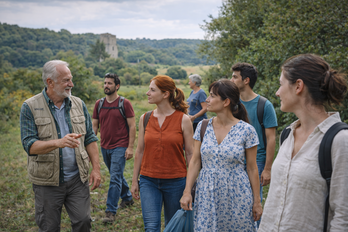 Gruppo in passeggiata culturale lungo un sentiero nel verde