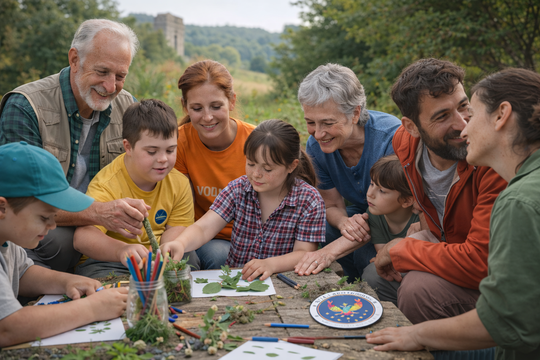 Gruppo di bambini durante un laboratorio educativo nel parco