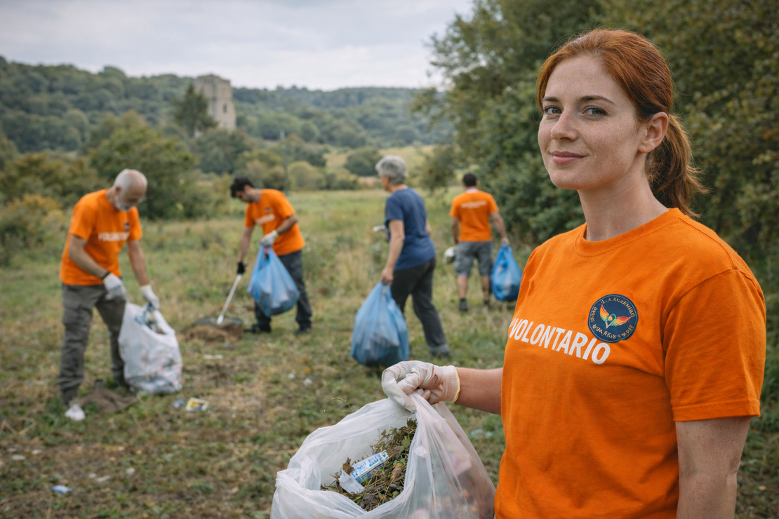 Volontari che raccolgono rifiuti in un’area verde